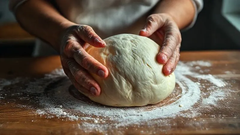 A photorealistic image of hands expertly kneading a soft, elastic brioche dough on a floured wooden surface, stretching it thin enough to see light through it (the 'windowpane test'). Cinematic lighting, sharp focus on the dough and hands, depth of field blurring the background, 8K hyper-detailed, professional photography, shot on a high-end DSLR, conveying skill and precision.