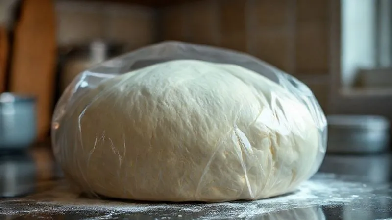 A photorealistic image of a large, perfectly proofed brioche dough, covered with a clear plastic wrap, gently rising in a warm, dimly lit kitchen corner. Soft, diffused cinematic lighting, sharp focus on the dough's smooth surface, depth of field blurring the background, 8K hyper-detailed, professional photography, shot on a high-end DSLR, conveying a sense of gentle growth and anticipation.