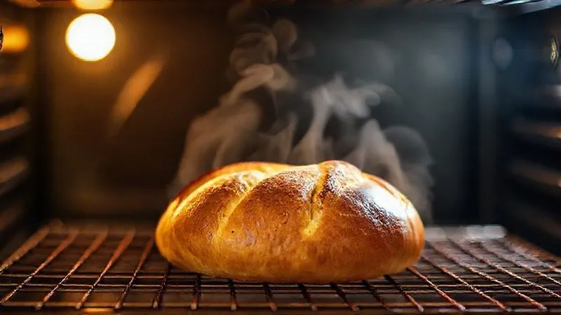 A photorealistic image of a perfectly golden-brown brioche, fresh out of a professional oven, resting on a wire rack. Steam is subtly rising, indicating its freshness. Cinematic lighting, sharp focus on the brioche's crust, depth of field blurring the oven interior, 8K hyper-detailed, professional photography, shot on a high-end DSLR, evoking warmth and deliciousness.