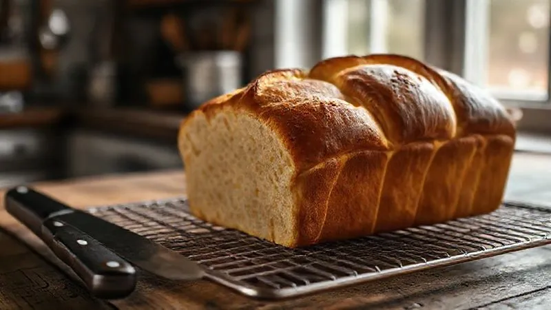 A photorealistic image of a beautifully golden-brown brioche loaf, perfectly cooled on a wire rack on a rustic wooden table. A chef's knife is nearby, ready to slice. Soft, natural light from a window, sharp focus on the brioche, depth of field blurring a kitchen background, 8K hyper-detailed, professional photography, shot on a high-end DSLR, evoking freshness and readiness.