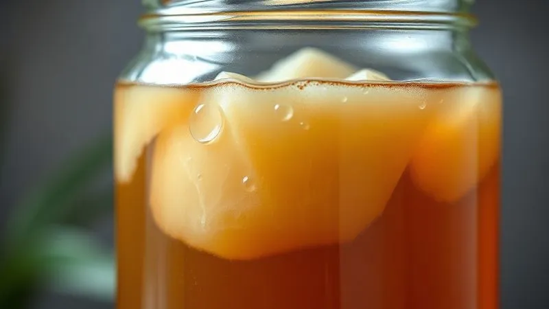A close-up, photorealistic shot of a healthy, translucent SCOBY floating in a glass jar filled with amber kombucha, with active bubbles visible, cinematic lighting, sharp focus, depth of field, 8K, professional photography, shot on a high-end DSLR.