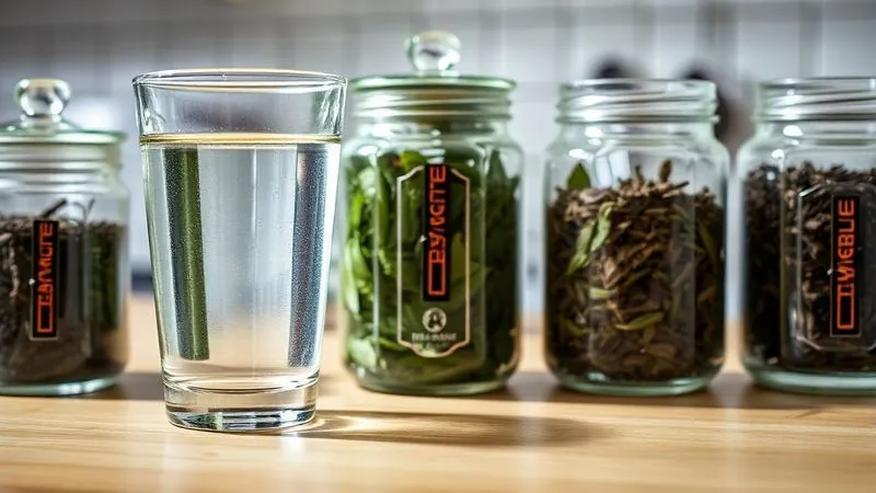 A photorealistic close-up of a kitchen counter with various types of high-quality loose leaf teas (black, green, oolong) in glass jars, next to a pristine glass of filtered water, with soft, natural light illuminating the scene, professional photography, 8K, cinematic lighting, sharp focus, depth of field, shot on a high-end DSLR.