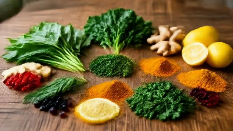 A vibrant and artistic flat lay of fresh, colorful detox ingredients like spinach, kale, ginger, turmeric, lemons, and berries on a rustic wooden table, professional photography, 8K, cinematic lighting, sharp focus, depth of field.