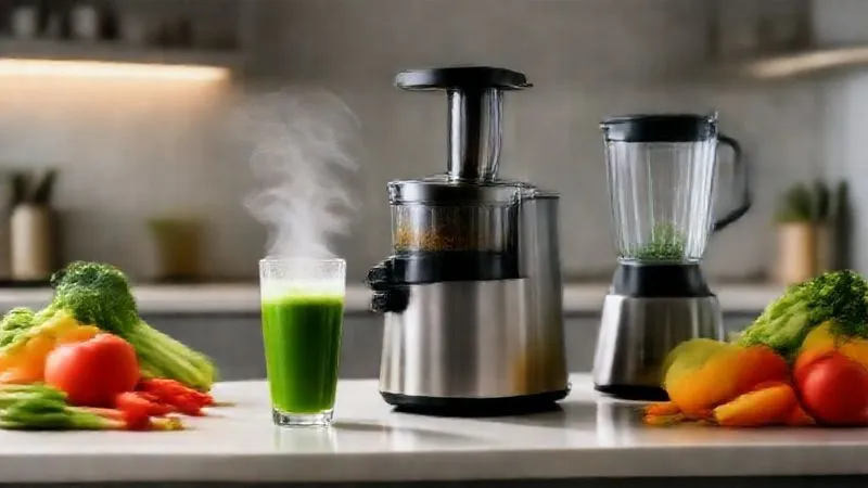 A professional kitchen counter with a high-end juicer and blender, surrounded by perfectly prepared and washed fresh fruits and vegetables ready for juicing. A glass of vibrant green juice stands ready, with a gentle steam rising, indicating its freshness and coolness. Photorealistic, professional photography, 8K, cinematic lighting, sharp focus, depth of field.