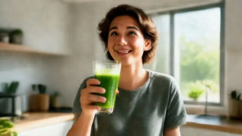 A person looking refreshed and energetic, holding a glass of vibrant green juice, with a healthy glow on their face, in a bright, modern kitchen. The sunlight streams through a window, highlighting the freshness of the scene. Photorealistic, professional photography, 8K, cinematic lighting, sharp focus, depth of field.