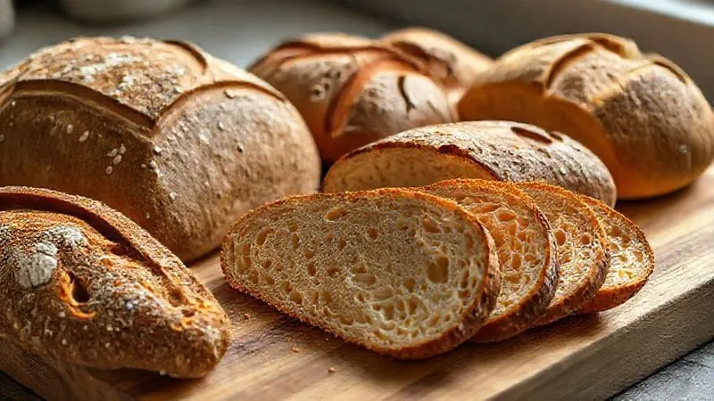 Photorealistic, professional photography, 8K, cinematic lighting, sharp focus, depth of field, shot on a high-end DSLR, a variety of artisanal breads (sourdough, brioche, rustic whole wheat) laid out on a wooden cutting board, with one loaf partially sliced into perfect, even 1.5-2cm thick pieces, bathed in soft morning light, evoking warmth and quality.