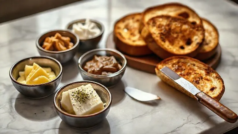 Photorealistic, professional photography, 8K, cinematic lighting, sharp focus, depth of field, shot on a high-end DSLR, a selection of small, artfully crafted bowls containing various flavored butters (herb, honey-cinnamon, roasted garlic) next to a perfectly golden-brown slice of toast, with a small butter knife, all on a elegant marble surface, bathed in warm, inviting light.