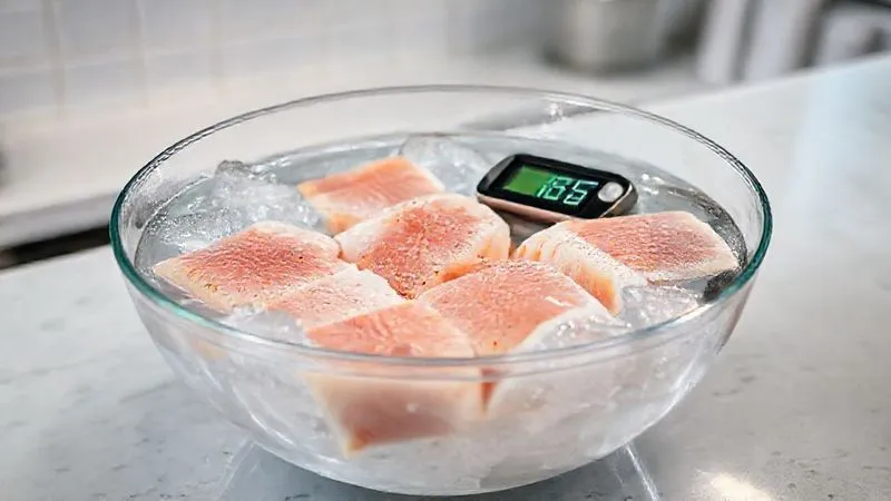 A photorealistic image of several pieces of raw cod fillet soaking in a large, clear glass bowl filled with ice-cold water, partially submerged, with a digital thermometer visible, indicating a temperature below 5°C. The setting is a clean, professional kitchen counter, with soft, cinematic lighting. Professional photography, 8K, sharp focus on the fish, depth of field. Shot on a high-end DSLR.