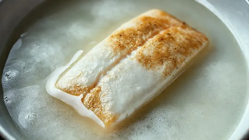 A photorealistic image showing a piece of cod fillet submerged in a bowl of lukewarm, slightly cloudy water, with a subtle hint of neglect or incorrect technique. The lighting is slightly dim, suggesting a less ideal condition. Professional photography, 8K, sharp focus, depth of field. Shot on a high-end DSLR.