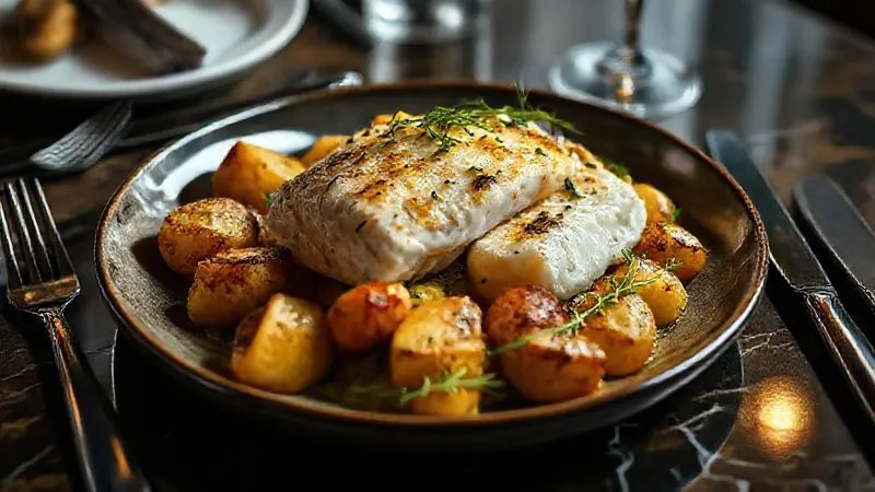 A photorealistic, exquisitely plated dish of 'Bacalhau à Lagareiro', showcasing perfectly flaky, tender cod with roasted potatoes, garlic, and olive oil, garnished with fresh herbs. The dish is presented on a high-end restaurant table with elegant cutlery and cinematic lighting. Professional photography, 8K, sharp focus on the food, depth of field. Shot on a high-end DSLR.