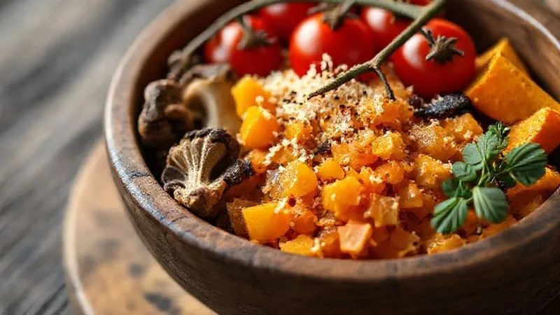 A photorealistic close-up of a rustic wooden bowl filled with various umami-rich vegetarian ingredients: dried shiitake mushrooms, ripe cherry tomatoes on the vine, a sprinkle of nutritional yeast, and finely chopped roasted pumpkin. Cinematic lighting, sharp focus, depth of field, 8K, professional photography, shot on a high-end DSLR.