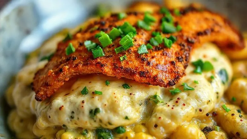 A photorealistic close-up of a vibrant Brazilian vegetarian dish, showcasing contrasting textures: crispy roasted farofa sprinkled over a creamy moqueca de palmito, garnished with fresh, finely chopped green herbs. Cinematic lighting, sharp focus on the textures, depth of field, 8K, professional photography, shot on a high-end DSLR.