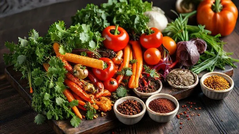 A photorealistic, professional photography shot of a vibrant assortment of fresh, colorful vegetables and aromatic herbs, meticulously arranged on a dark wooden board, with various spices in small ceramic bowls nearby. Cinematic lighting illuminates the textures, creating a rich, inviting atmosphere. Sharp focus on the ingredients, depth of field blurring the background. 8K hyper-detailed, shot on a high-end DSLR.