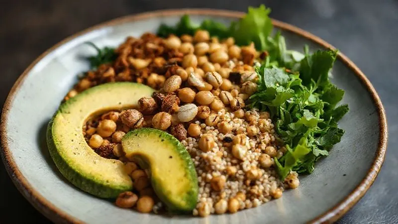 A photorealistic, professional photography shot of a deconstructed vegetarian Buddha bowl, showcasing distinct textures: creamy avocado slices, crispy roasted chickpeas, crunchy toasted seeds, soft quinoa, and vibrant fresh greens. The components are artfully arranged, highlighted by warm, cinematic lighting on a minimalist ceramic plate. Sharp focus on the varied textures, depth of field blurring the background. 8K hyper-detailed, shot on a high-end DSLR.