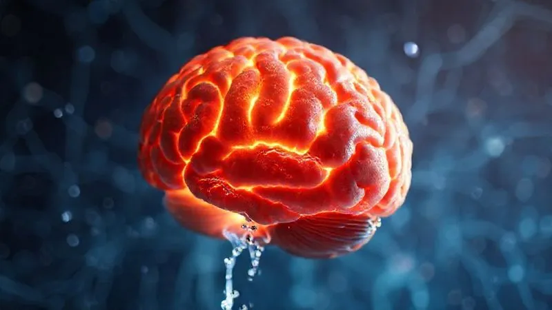 A photorealistic image of a human brain, subtly glowing with a clear, refreshing water ripple effect emanating from its core, surrounded by scientific data visualizations showing neural pathways. Cinematic lighting, sharp focus on the brain's detailed structure, depth of field blurring the background. 8K hyper-detailed, shot on a high-end DSLR, representing the crucial role of hydration in cognitive function.