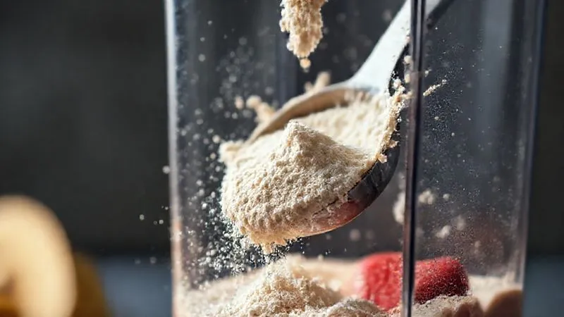 A photorealistic image of a scoop of high-quality protein powder falling into a blender with other low-carb smoothie ingredients, creating a dynamic splash. Cinematic lighting, sharp focus on the powder, 8K, professional photography, shot on a high-end DSLR.