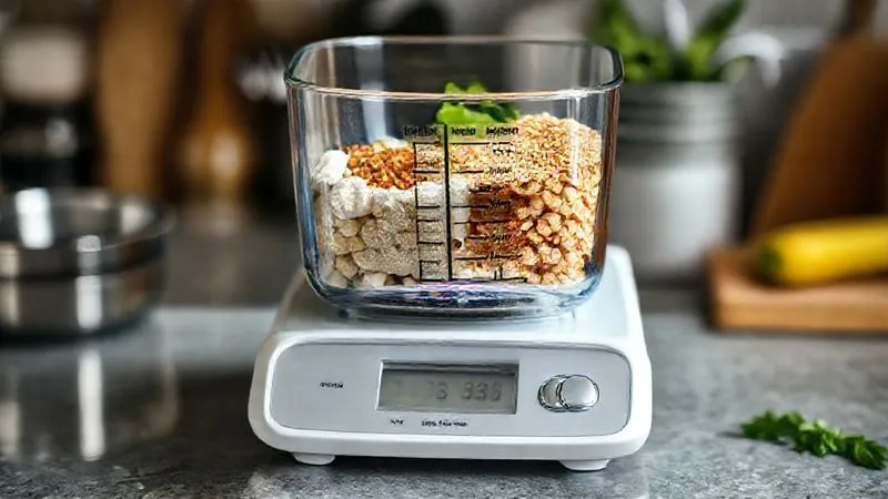 A photorealistic image of a kitchen scale weighing various low-carb smoothie ingredients, showing precise measurements for protein, fat, and fiber. The scene is well-lit, professional, and emphasizes precision and the balance of ingredients. 8K, cinematic lighting, sharp focus, professional photography, shot on a high-end DSLR.