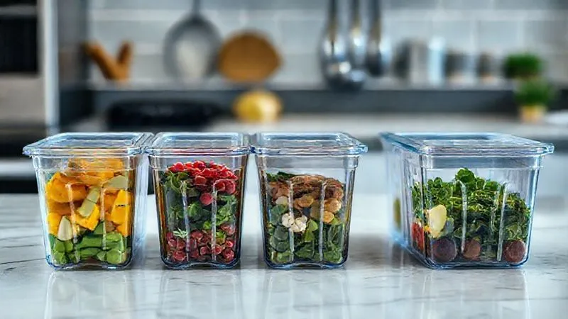 A photorealistic image of meal prep containers filled with pre-portioned low-carb smoothie ingredients, ready for blending. The kitchen counter is clean and organized, conveying efficiency and planning. 8K, cinematic lighting, professional photography, shot on a high-end DSLR.