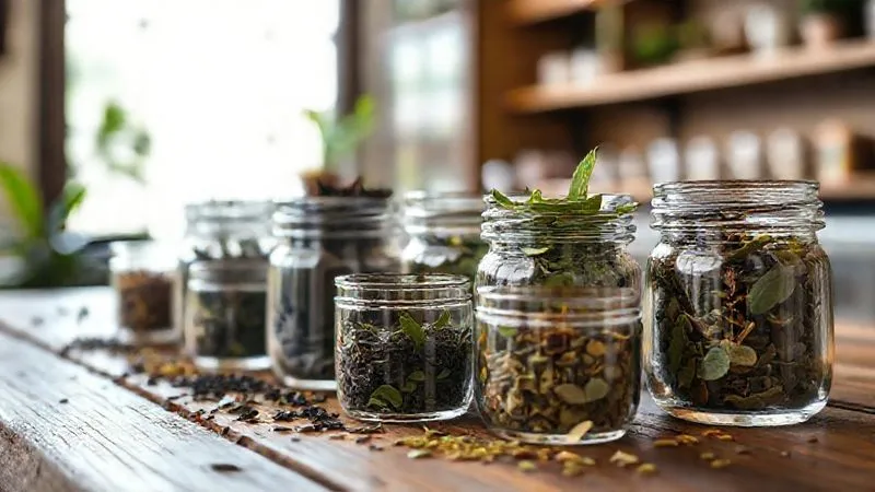 A close-up, photorealistic image of various high-quality loose-leaf teas (black, green, herbal) in small, elegant glass jars, arranged on a rustic wooden table. Soft, natural light illuminates the vibrant colors and textures of the tea leaves. Sharp focus on the leaves, depth of field blurring a cozy, gourmet tea shop background. 8K hyper-detailed, professional photography, shot on a high-end DSLR. Evokes quality and natural beauty.