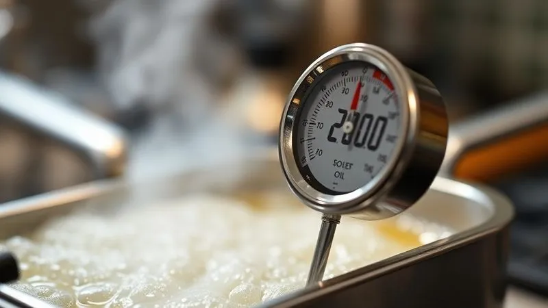 A photorealistic, professional photography, 8K, cinematic lighting, sharp focus, depth of field, shot on a high-end DSLR, of a kitchen thermometer accurately measuring the temperature of bubbling hot oil in a deep fryer, with the background blurred to highlight the precise reading. The scene conveys scientific precision in cooking.