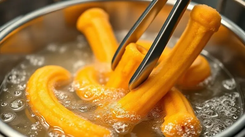 A photorealistic, professional photography, 8K, cinematic lighting, sharp focus, depth of field, shot on a high-end DSLR, of several perfectly golden churros being carefully placed into hot, bubbling oil in a deep fryer using tongs, ensuring they are not overcrowded. The scene highlights controlled and precise cooking.