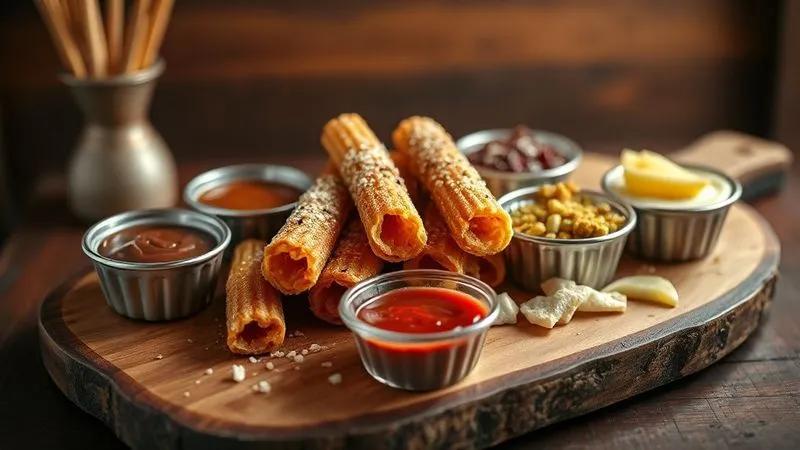 A photorealistic, professional photography, 8K, cinematic lighting, sharp focus, depth of field, shot on a high-end DSLR, of an assortment of gourmet churros beautifully arranged on a rustic wooden board, with various dipping sauces (dulce de leche, chocolate, guava) and toppings. The lighting is warm and inviting, emphasizing the rich textures and vibrant colors.