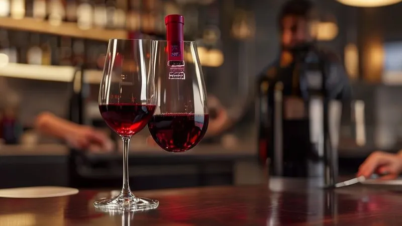 Photorealistic image of a sleek, modern wine preservation system, possibly a Coravin or a multi-bottle argon dispenser, in action on an elegant bottle of red wine, with a sommelier's hand carefully operating it. Cinematic lighting, sharp focus on the device and wine, depth of field blurring a gourmet restaurant background, 8K, professional photography, shot on a high-end DSLR.