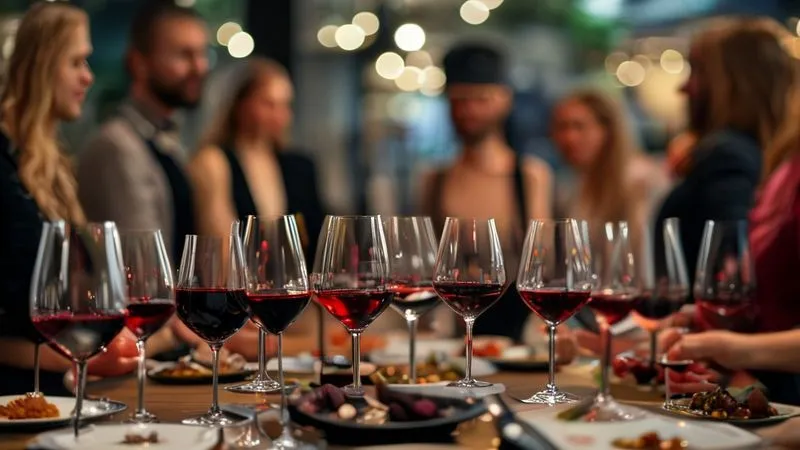 Photorealistic, professional photography, 8K image of an elegant wine tasting event in a gourmet restaurant. Several small glasses of different red wines are arranged on a table, with tasting notes and small food pairings. People in sophisticated attire are discussing the wines, with soft, cinematic lighting and a sharp focus on the wine glasses and food, depth of field blurring the background, shot on a high-end DSLR.