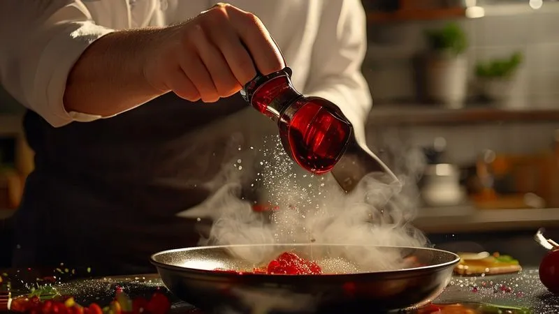Photorealistic, professional photography, 8K image of a chef in a gourmet kitchen, pouring a small amount of red wine from an elegant bottle into a simmering pan for a reduction. The kitchen is clean and well-lit, with cinematic lighting highlighting the steam and ingredients. Sharp focus on the chef's hands and the pan, depth of field blurring the background, shot on a high-end DSLR, conveying culinary creativity and zero-waste efforts.