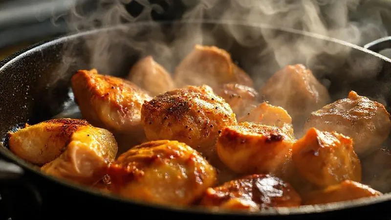 A close-up, photorealistic image of chicken pieces being seared to a golden-brown perfection in a large, heavy-bottomed cast iron pot. Steam gently rises, illuminated by cinematic lighting. The chicken skin is crispy and caramelized, indicating a perfect Maillard reaction. Sharp focus on the chicken, with a shallow depth of field. 8K hyper-detailed, shot on a high-end DSLR.