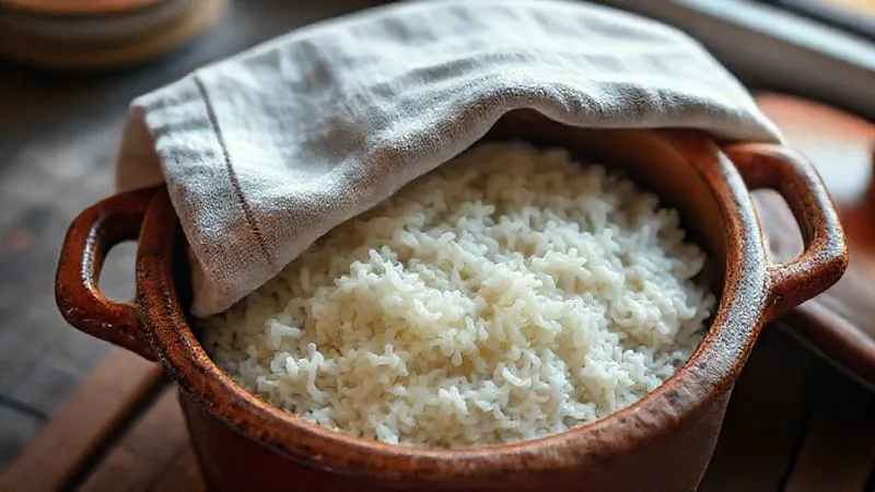 A photorealistic, professional photography shot of a perfectly cooked Galinhada Goiana resting in a rustic ceramic pot, with a clean linen cloth covering the top before the lid is placed. Soft, warm cinematic lighting illuminates the scene, highlighting the texture of the rice and the pot. The image conveys a sense of anticipation and care. Sharp focus, depth of field, 8K hyper-detailed, shot on a high-end DSLR.