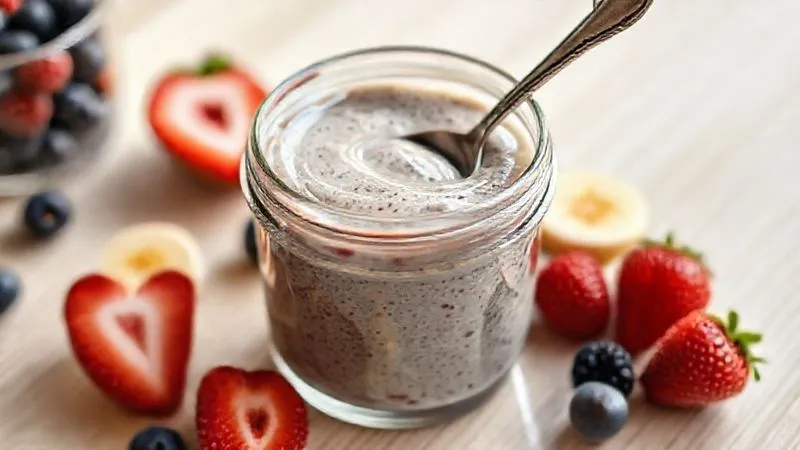 A photorealistic image of a glass jar containing perfectly hydrated chia pudding, with a spoon resting in it, surrounded by fresh fruits like berries and sliced banana, set on a light wooden table with soft morning light. The focus is on the smooth, gel-like texture of the pudding, emphasizing proper preparation.