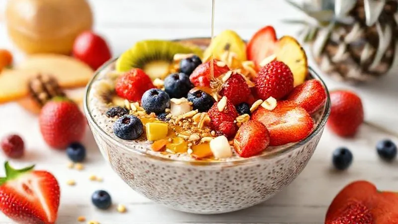 A photorealistic image of a vibrant, healthy breakfast bowl. It features a base of chia pudding, topped with a variety of colorful fresh fruits like kiwi, pineapple, and berries, alongside a sprinkle of nuts and a drizzle of honey. The setting is bright and inviting, emphasizing a balanced and digestible meal.