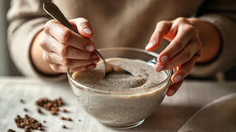A photorealistic image from a slightly elevated perspective, showing a person's hands gently stirring a bowl of chia pudding with a spoon. The focus is on the mindful, deliberate action, with soft, natural lighting creating a serene atmosphere. The background is blurred, suggesting a quiet, personal moment of healthy eating.