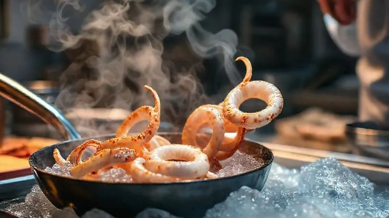 A photorealistic image of a chef quickly transferring perfectly cooked, glistening squid rings from a hot pan into an ice bath, with steam and cold mist creating a dramatic effect. Cinematic lighting, sharp focus on the action, depth of field blurring the background of a bustling kitchen. 8K hyper-detailed, professional photography, shot on a high-end DSLR.
