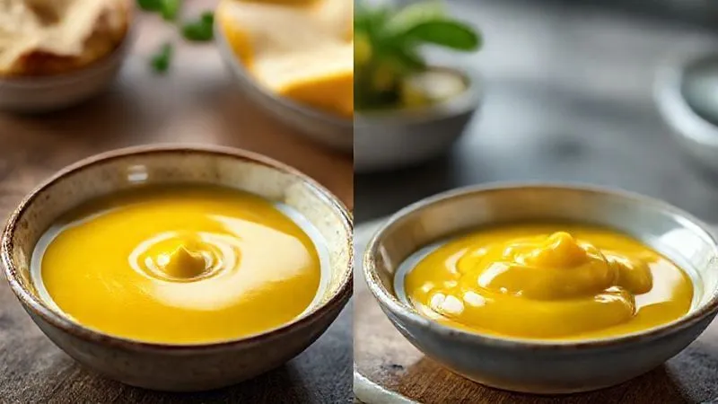 A side-by-side photorealistic, professional photography comparison of two bowls of sauce: one perfectly smooth, glossy, rich yellow hollandaise, and the other a clearly separated, curdled, oily version of the same sauce. Cinematic lighting, sharp focus on the contrast, depth of field blurring the background, 8K hyper-detailed, shot on a high-end DSLR.