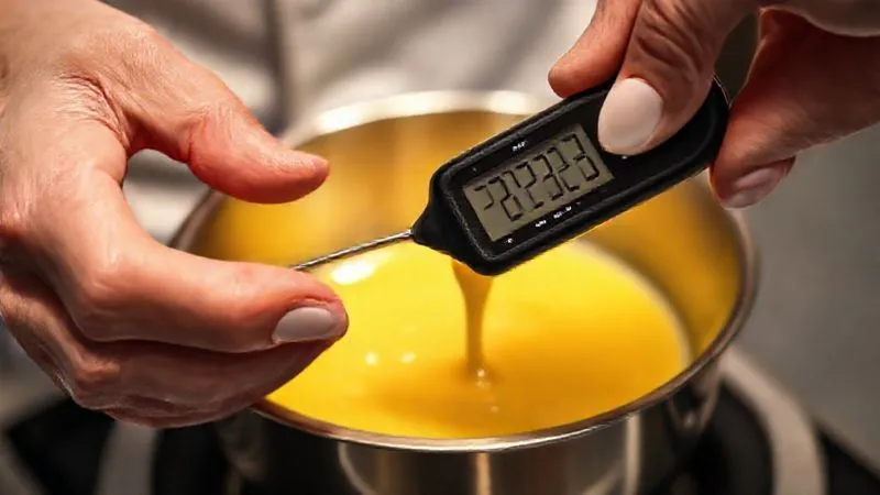 A photorealistic, professional photography close-up of a chef's hand holding a digital culinary thermometer, accurately measuring the temperature of a glossy, pale yellow hollandaise sauce in a stainless steel bowl over a gentle bain-marie. Cinematic lighting, sharp focus on the thermometer reading and the sauce texture, depth of field blurring the background, 8K hyper-detailed, shot on a high-end DSLR.