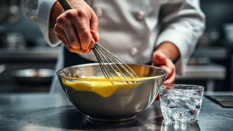 A photorealistic, professional photography shot of a chef's hands intensely whisking a bowl of slightly separated hollandaise sauce, with a small bowl of ice water next to it, indicating a rescue attempt. Cinematic lighting, sharp focus on the motion and texture, depth of field blurring the background of a professional kitchen, 8K hyper-detailed, shot on a high-end DSLR.