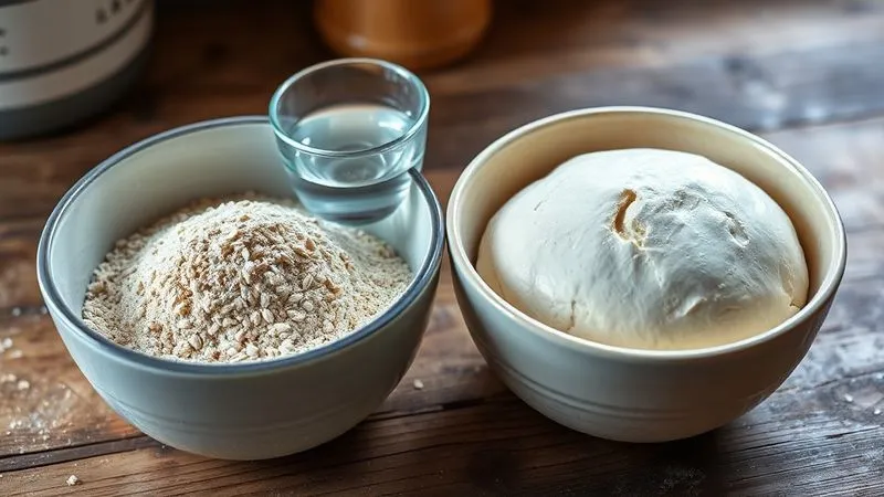 Photorealistic, professional photography, 8K, cinematic lighting, sharp focus, depth of field, shot on a high-end DSLR. A close-up of two bowls side-by-side on a rustic wooden counter. One bowl contains coarse, dry whole wheat flour, while the other holds a finely milled, slightly damp, perfectly hydrated whole wheat flour dough. A measuring cup with water is visible, emphasizing the hydration process. The lighting highlights the texture differences and the potential of the well-hydrated flour.
