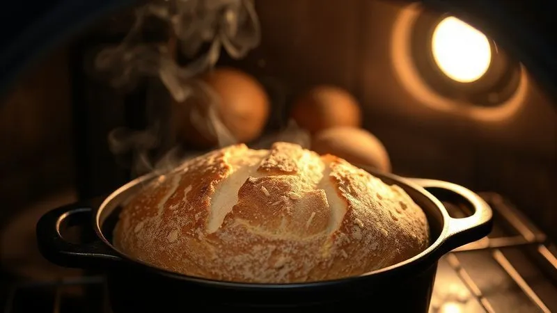 Photorealistic, professional photography, 8K, cinematic lighting, sharp focus, depth of field, shot on a high-end DSLR. A close-up shot of a rustic cast iron Dutch oven inside a hot oven, with steam visibly rising around a perfectly golden-brown, crusty whole wheat bread that is actively rising and expanding. The oven light illuminates the scene, highlighting the texture of the bread and the misty environment created by the steam. The background is blurred, focusing on the dynamic baking process.