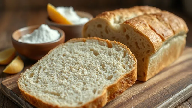 Photorealistic, professional photography, 8K, cinematic lighting, sharp focus, depth of field, shot on a high-end DSLR. A close-up, low-angle shot of a perfectly sliced whole wheat bread on a rustic wooden board, revealing an incredibly light, airy, and fluffy crumb texture. A small bowl of vital wheat gluten, a sprinkle of milk powder, and a few cooked potato slices are subtly arranged in the soft-focus background, hinting at the 'secret ingredients' for ultimate softness. The scene is warm and inviting, emphasizing comfort and culinary success.
