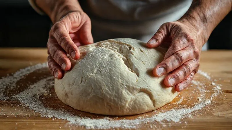 A close-up, photorealistic image of a baker's hands gently stretching a very wet, shaggy whole wheat dough, showing its elasticity and stickiness. The dough is on a lightly floured wooden surface, with soft, natural light, 8K, cinematic lighting, sharp focus, depth of field. A close-up, photorealistic image of a baker's hands gently stretching a very wet, shaggy whole wheat dough, showing its elasticity and stickiness. The dough is on a lightly floured wooden surface, with soft, natural light, 8K, cinematic lighting, sharp focus, depth of field.