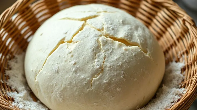 A photorealistic image of a proofing basket (banneton) filled with a perfectly risen whole wheat dough, ready for baking. The surface of the dough shows subtle cracks and a dusting of flour, indicating good fermentation. Soft, warm kitchen light, 8K, cinematic lighting, sharp focus, depth of field. A photorealistic image of a proofing basket (banneton) filled with a perfectly risen whole wheat dough, ready for baking. The surface of the dough shows subtle cracks and a dusting of flour, indicating good fermentation. Soft, warm kitchen light, 8K, cinematic lighting, sharp focus, depth of field.