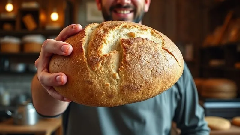 A photorealistic image showing a baker proudly holding a perfectly baked whole wheat sourdough loaf, with a golden-brown crust and a visibly soft, airy interior. The background features a rustic bakery setting with warm, ambient light. 8K, cinematic lighting, sharp focus, depth of field. A photorealistic image showing a baker proudly holding a perfectly baked whole wheat sourdough loaf, with a golden-brown crust and a visibly soft, airy interior. The background features a rustic bakery setting with warm, ambient light. 8K, cinematic lighting, sharp focus, depth of field.