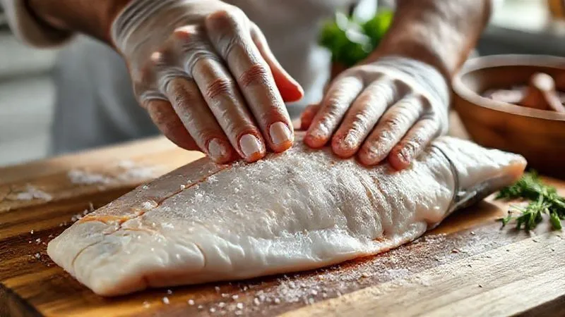 A photorealistic close-up image of a chef's hands gently patting dry a large, fresh white fish fillet, lightly coated with coarse salt, on a wooden cutting board. The fish appears firm and ready for cooking. Soft, natural kitchen lighting, sharp focus on the fish and hands, depth of field blurring the background elements like a bowl of herbs. 8K hyper-detailed, professional photography, shot on a high-end DSLR.
