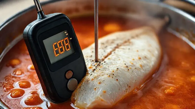 A photorealistic close-up shot of a digital kitchen thermometer being inserted into a thick piece of white fish simmering gently in a rich, red-orange gourmet stew. The thermometer display shows a temperature around 60-62°C. Cinematic lighting, sharp focus on the thermometer and fish, depth of field blurring the background of the stew and pan. 8K hyper-detailed, professional photography, shot on a high-end DSLR.