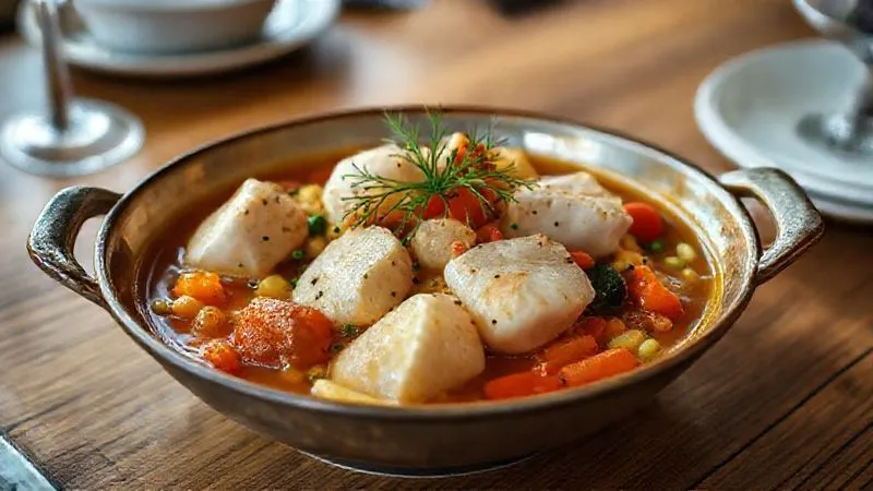 A photorealistic image of a vibrant, perfectly plated gourmet fish stew, showcasing large, intact pieces of white fish nestled among colorful vegetables and herbs. The stew is presented in a elegant, deep dish on a wooden table, with soft, diffused natural light enhancing its texture and colors. A single sprig of fresh dill rests on top. Sharp focus on the stew, with a subtly blurred background of a fine dining setting. 8K hyper-detailed, professional photography, shot on a high-end DSLR.
