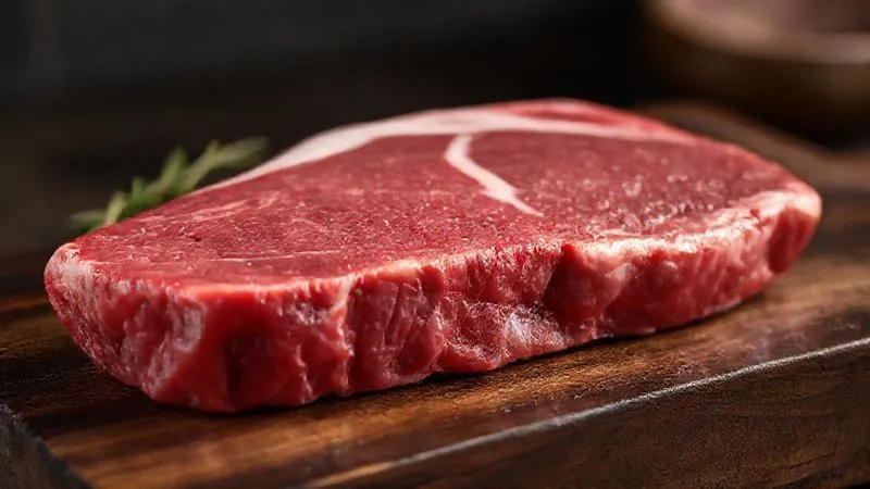 A photorealistic close-up image of a premium picanha steak, raw, with a perfect 2.5cm thick, uniform white fat cap. The meat shows subtle marbling, lying on a dark wooden butcher block. Professional photography, 8K, cinematic lighting, sharp focus on the meat and fat, depth of field blurring the background, shot on a high-end DSLR.