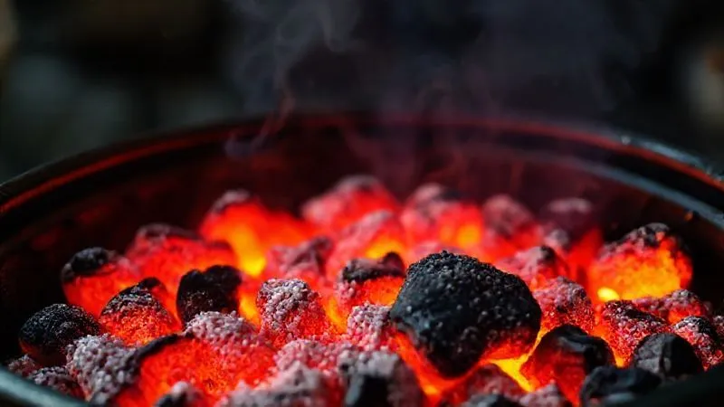 A photorealistic image of a traditional Brazilian gaucho-style barbecue grill, with glowing embers covered in a fine layer of white ash, indicating perfect heat. The grill is empty, ready for meat, with cinematic lighting highlighting the texture of the charcoal and the subtle smoke. Professional photography, 8K, sharp focus, depth of field blurring the background, shot on a high-end DSLR.