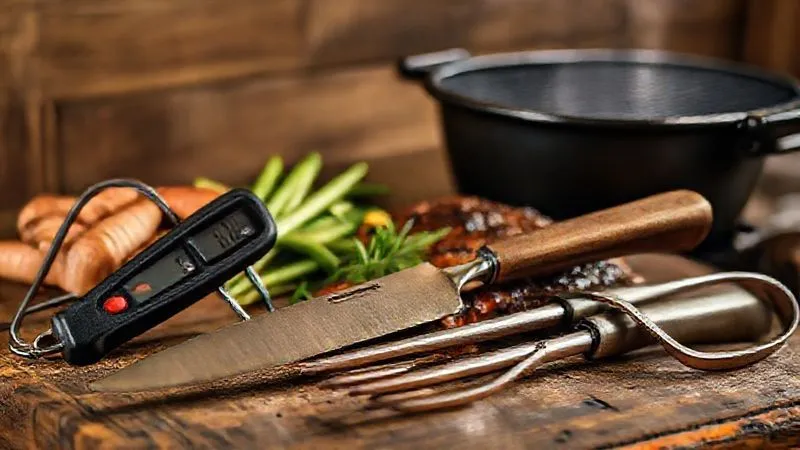 A photorealistic image displaying a set of high-quality barbecue tools: a digital meat thermometer with a stainless steel probe, a perfectly sharpened chef's knife, a robust carving fork, and long, heavy-duty tongs, all neatly arranged on a rustic wooden table next to a traditional charcoal grill in the background. Professional photography, 8K, cinematic lighting, sharp focus on the tools, depth of field blurring the background, shot on a high-end DSLR.
